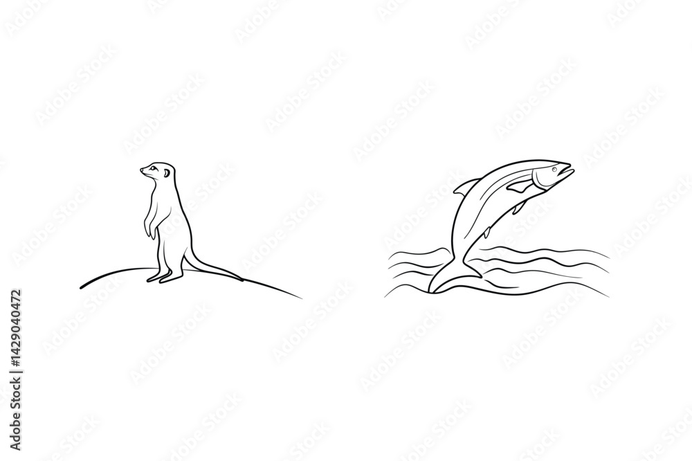 Obraz premium Meerkat Standing And Fish Jumping Out Of Water Line Art Vector