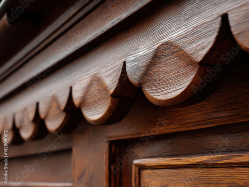 Close up of detailed wood siding with scalloped design, showcasing rich texture and craftsmanship