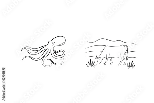 Octopus And Cow Line Art Illustration Animals Farm And Sea Creatures