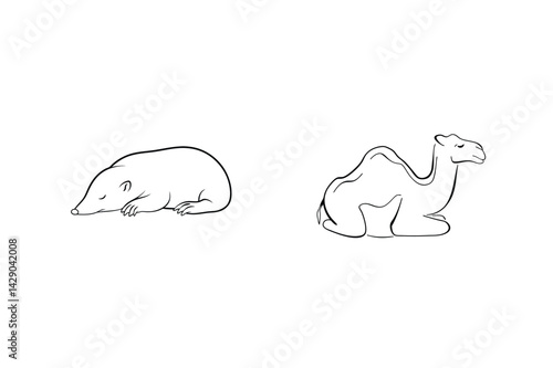 Simple Black And White Line Art Of A Mole And Camel Resting