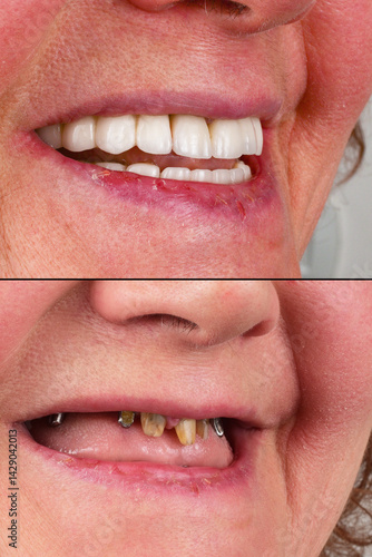 before and after picture of dental treatment by implants crowns and venners