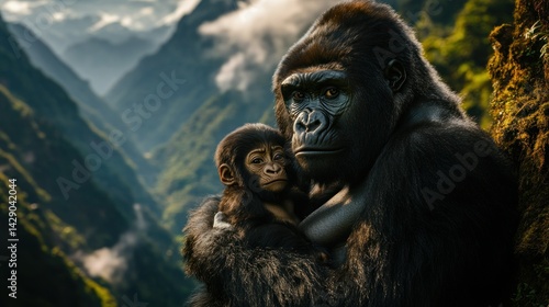 Mountain Gorilla Mother and Baby in Scenic Landscape