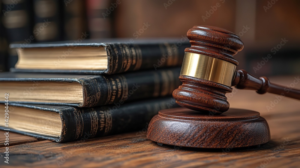 In a courtroom, a wooden gavel rests on a sound block with law books, representing legal decisions and the judicial system. In a courtroom, a wooden gavel rests on a sound block with law books, representing legal decisions and the judicial system.