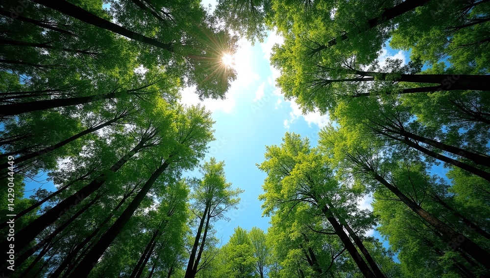 Fototapeta premium Forest Canopy Upward View Tall Trees Sunlight Nature Conservation