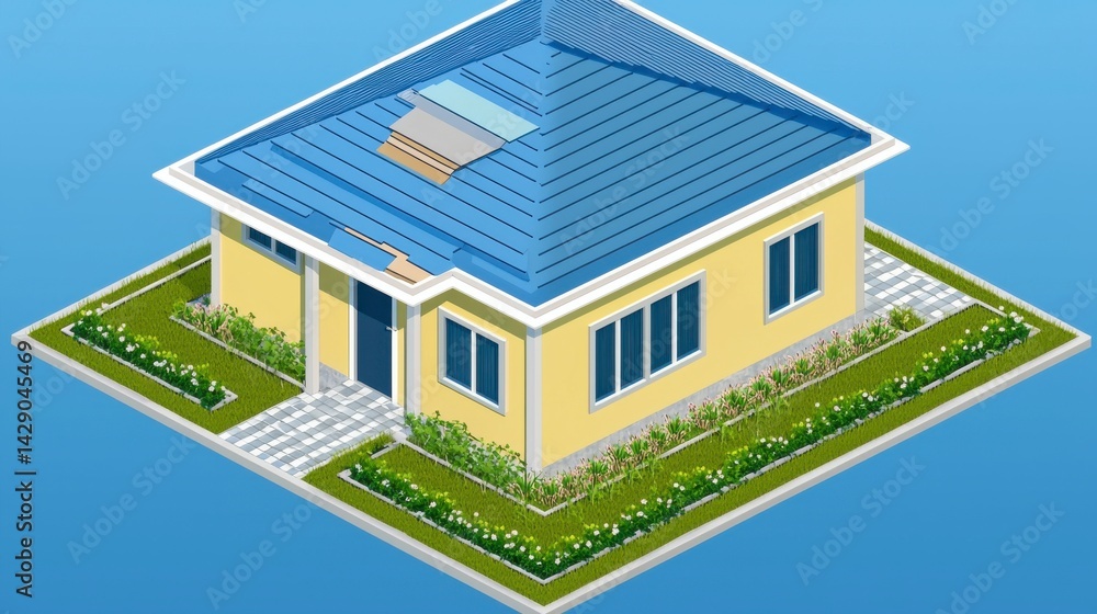 Isometric Illustration of a Modern House with Yellow Exterior and Blue Roof Surrounded by Manicured Garden Against Blue Background Isometric Illustration of a Modern House with Yellow Exterior and Blue Roof Surrounded by Manicured Garden Against Blue Background