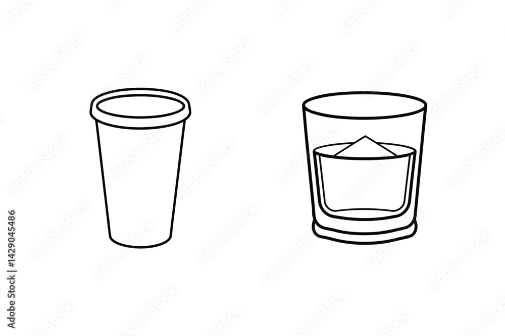 Outlined Disposable Cup And Whiskey Glass With Ice Cube Illustration Outlined Disposable Cup And Whiskey Glass With Ice Cube Illustration