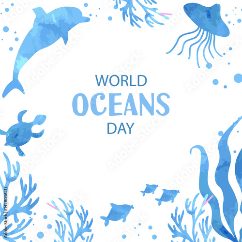  World oceans day. Background with watercolor silhouettes 