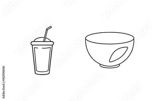 Vector Illustration Of Drink Cup With Straw And Bowl Line Art