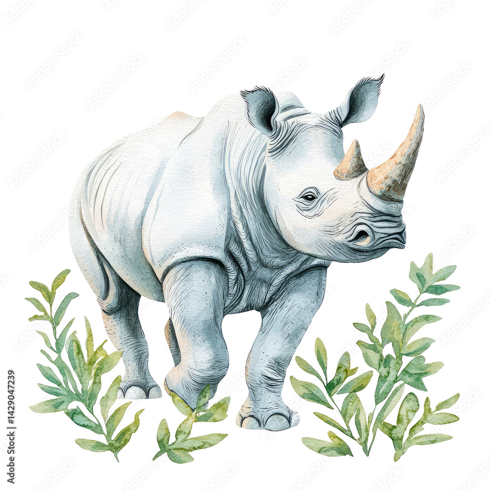 Fototapeta premium Isolated Black Rhino Illustration in Gouache Style on Transparent background