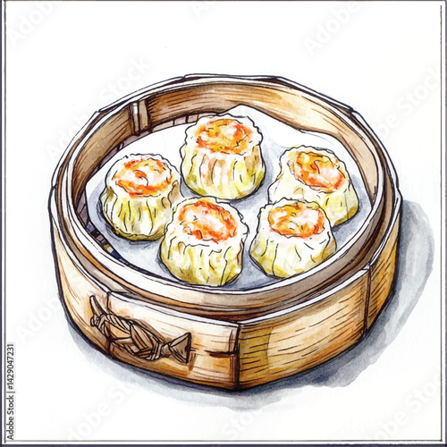 watercolor copic marker concept sketch of Dim Sum