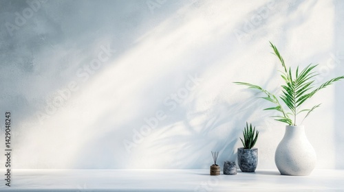 Minimalist home decor with potted plants.  Soft sunlight casts shadows on a textured wall