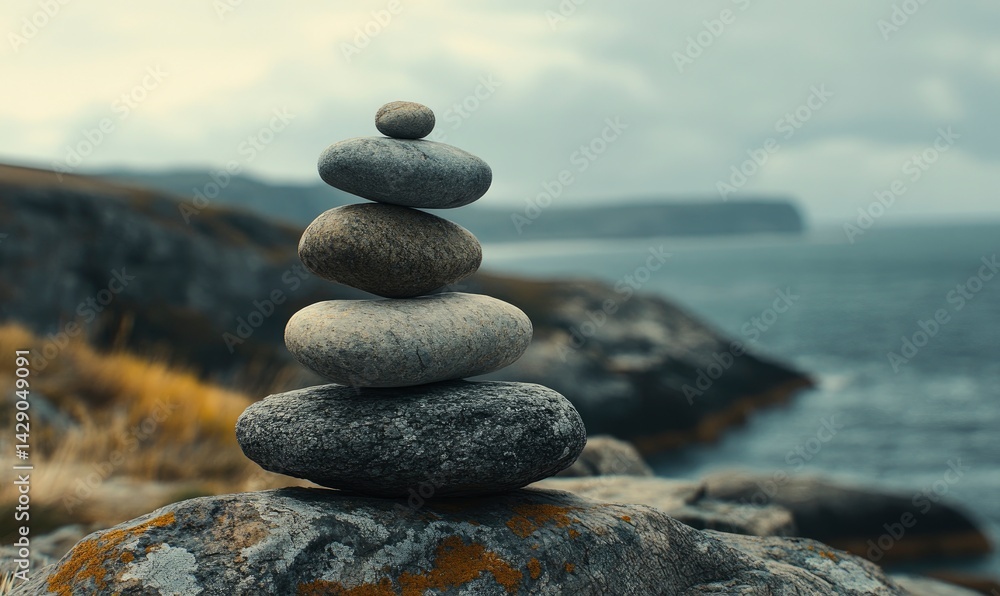 Fototapeta premium Stone Cairn on Rocky Coastline Meditation Theme