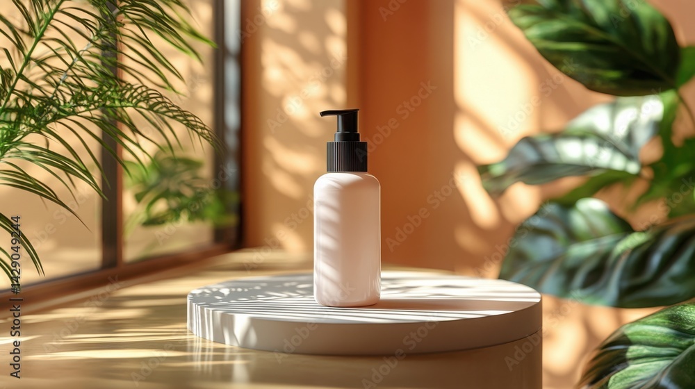 Elegant Pump Bottle Mockup Skincare Product on Sunlit Table with Tropical Plants