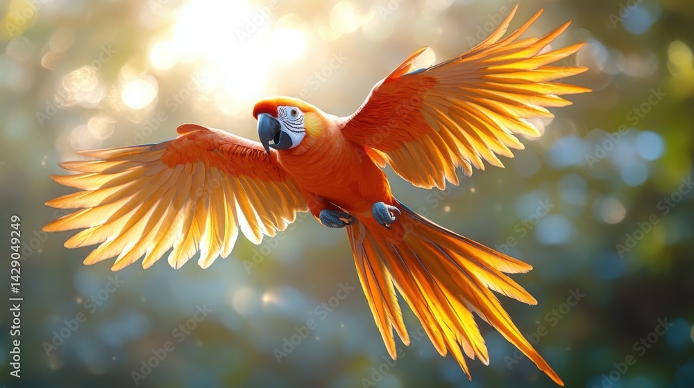 Vibrant Scarlet Macaw in Flight Wings Spread Wide Tropical Sunlight
