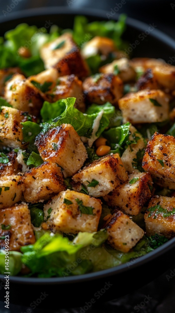 crispy crouton caesar salad in black bowl crispy crouton caesar salad in black bowl