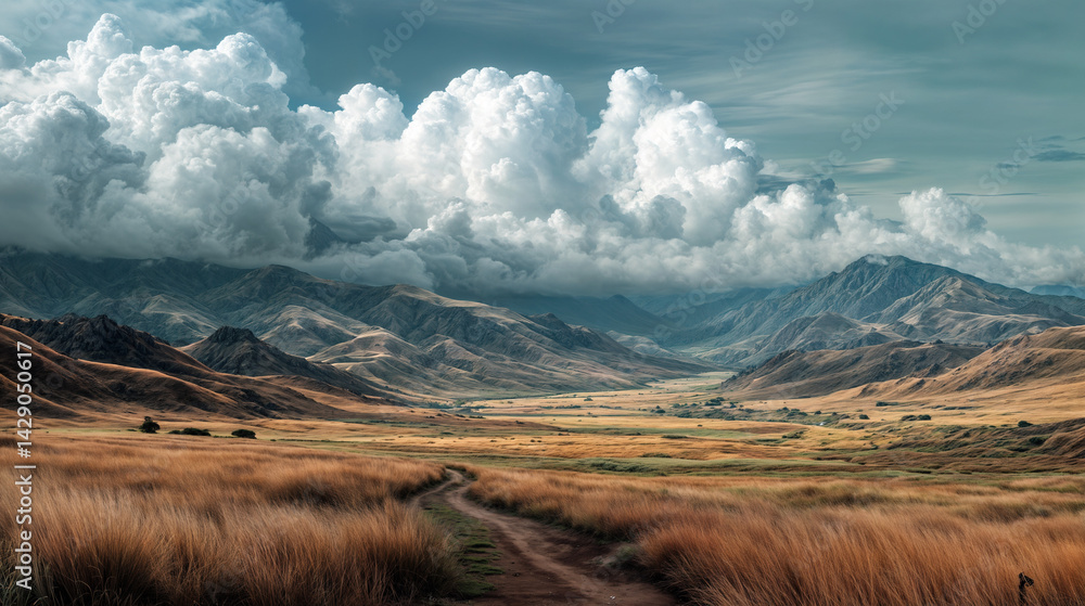This image depicts a vast, open landscape with rolling hills and a winding dirt path leading towards the mountains in the distance