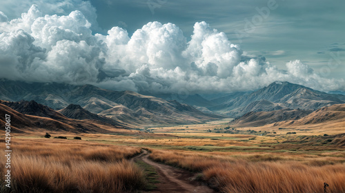 Obraz na płótnie This image depicts a vast, open landscape with rolling hills and a winding dirt path leading towards the mountains in the distance w salonie