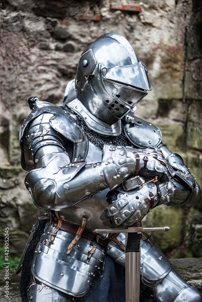 Medieval knight in steel armor against the background of castle walls. A striking knight stands firm against the castle backdrop, showcasing the artistry of his impressive armor. Medieval knight in steel armor against the background of castle walls. A striking knight stands firm against the castle backdrop, showcasing the artistry of his impressive armor.