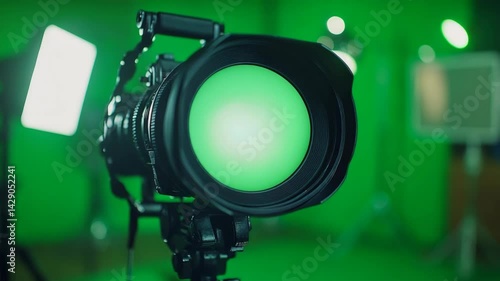 Large video camera lens on green screen background with bright studio lighting set for broadcast production and filming in a professional setting