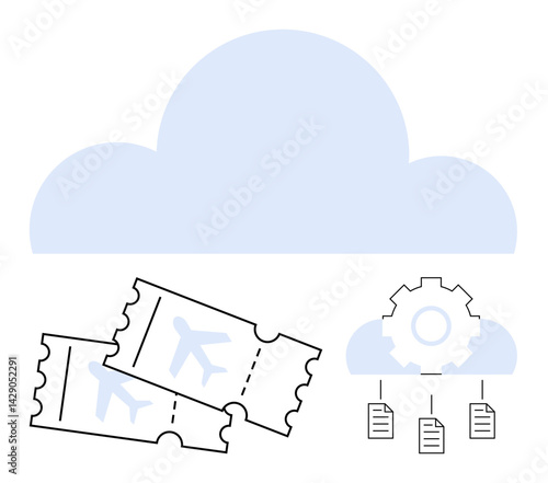 Two plane tickets below a cloud, next to a cloud with a gear and document icons. Ideal for airline management, online booking, travel systems, cloud storage, organization, data sharing, flight