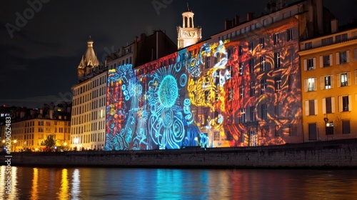 Nighttime building projection, Lyon, France, riverside festival