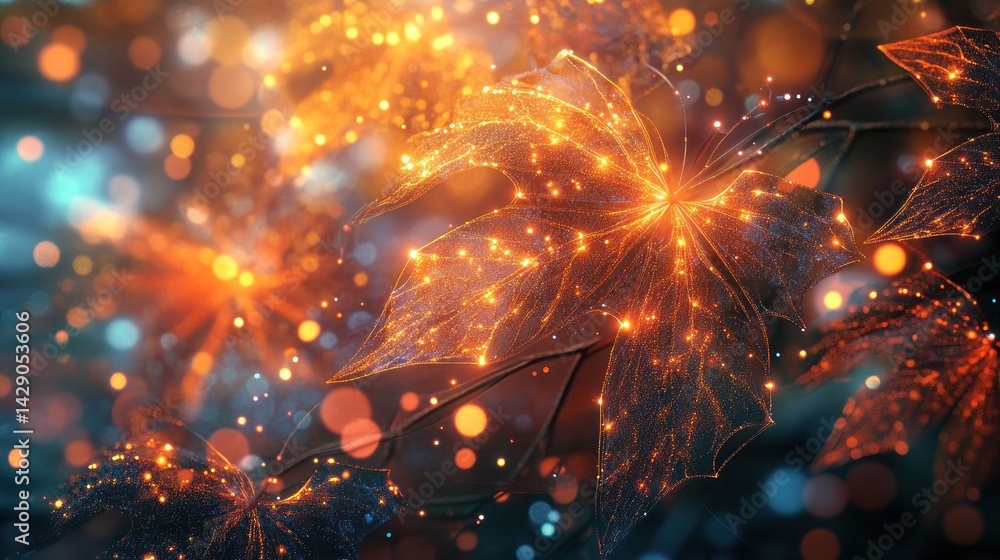 Fototapeta premium Glowing autumn leaves bokeh background, digital art