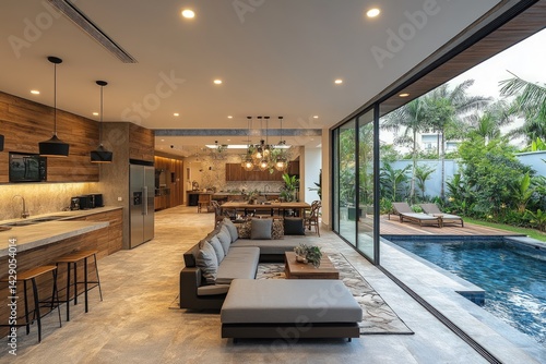 Modern house interior with open floor plan leading to a pool and garden.