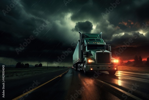 Rainy night storm truck driving road
