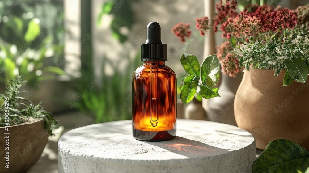 Amber Glass Dropper Bottle with Essential Oil Botanical Background Wellness Product