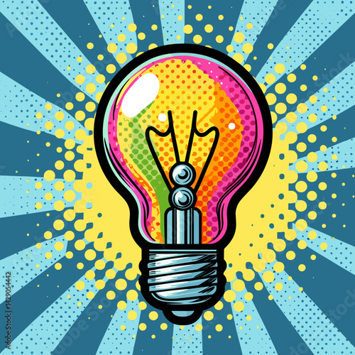 Colorful pop art illustration of a light bulb with vibrant rays and halftone effects