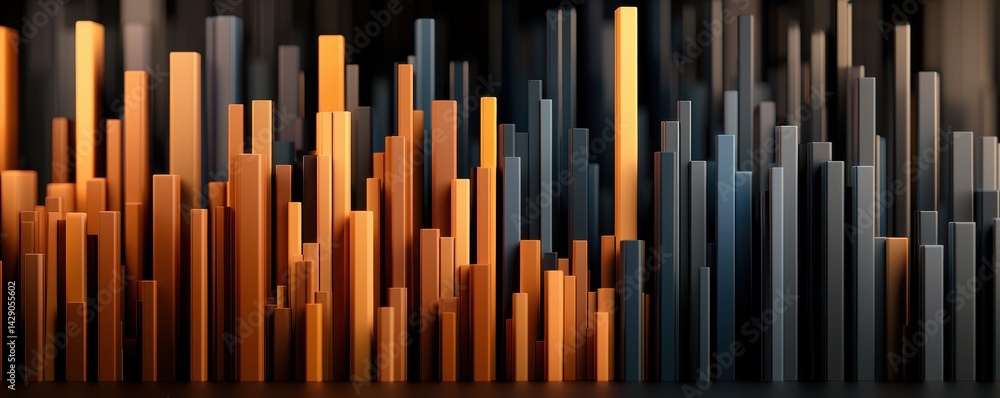 A visually striking abstract representation of tall, vertical bars in gradient shades of orange, gold, and gray against a dark background. A visually striking abstract representation of tall, vertical bars in gradient shades of orange, gold, and gray against a dark background.
