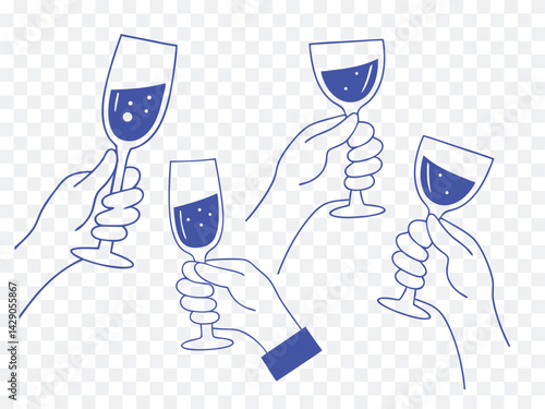 Cheers celebration line art featuring four hands clinking wine glasses in minimalist blue style, perfect for festive invitations, party graphics, and New Year’s or wedding-themed designs.