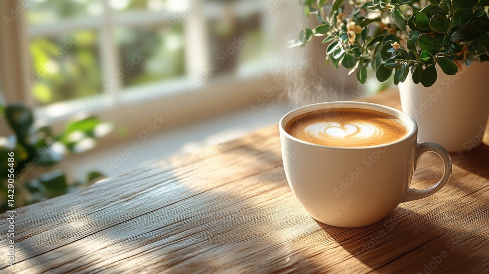 Aromatic Latte Art Coffee in White Mug on Sunny Wooden Table