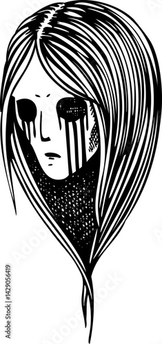 Vintage ghost woman portrait. Gothic tattoo design. Halloween hand-drawn vector illustration. Witch drawing. NOT AI generated