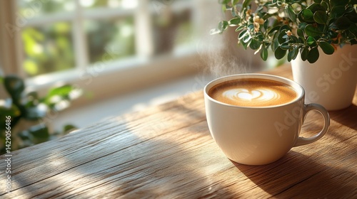 Obraz na płótnie Aromatic Latte Art Coffee in White Mug on Sunny Wooden Table w salonie