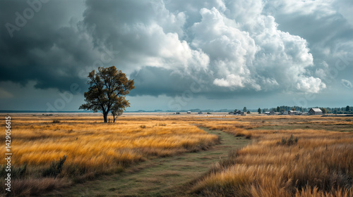 Obraz na płótnie The image depicts a vast, open field with tall, golden grass, under a dramatic sky with dark clouds and some large, fluffy white clouds w salonie