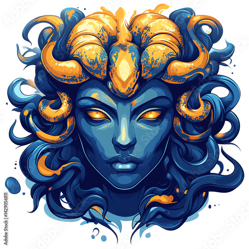 Illustration Mystical Woman, Blue, Gold, Horns, Glowing Eyes, Fantasy Art