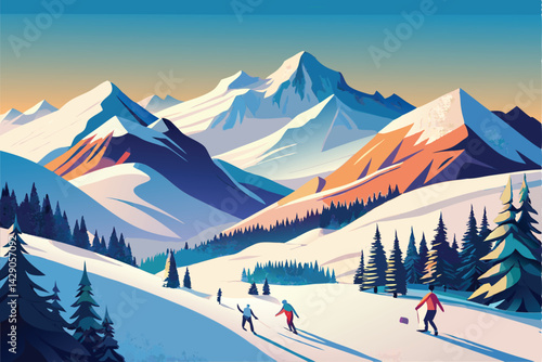 Majestic Winter Mountain Landscape. Skiers on Snowy Slopes
