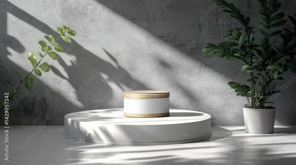 Minimalist Product Display White Cylinder Pedestal with Gold Accents Greenery Concrete Background