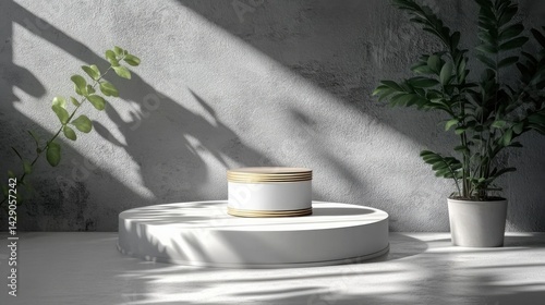 Minimalist Product Display White Cylinder Pedestal with Gold Accents Greenery Concrete Background