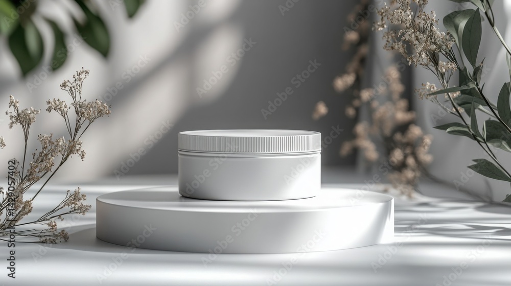 Elegant White Cosmetic Jar Mockup on Minimalist Display with Botanical Accents