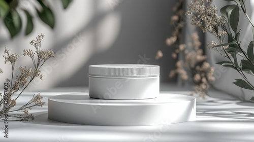 Obraz na płótnie Elegant White Cosmetic Jar Mockup on Minimalist Display with Botanical Accents w salonie
