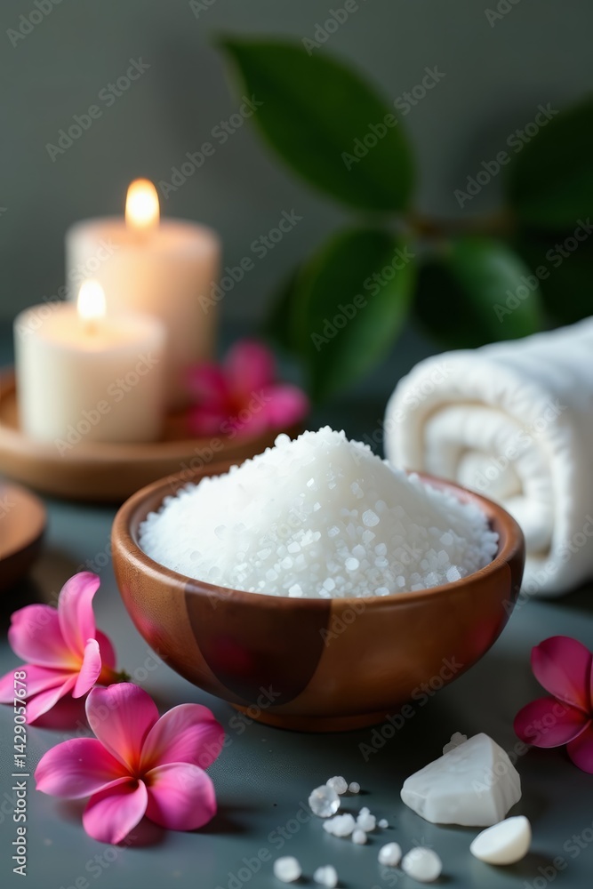 A serene spa still life with bath salt crystals, candles, and fresh flowers, aromatherapy, beauty A serene spa still life with bath salt crystals, candles, and fresh flowers, aromatherapy, beauty