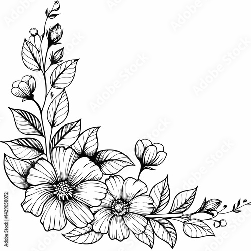 This is a beautiful black and white floral corner design featuring detailed, blooming flowers with elegant leaves and buds. It's likely used for:

Decorative frames or borders

Wedding invitations or 
