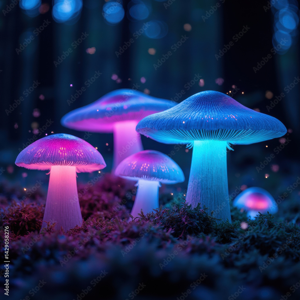 Glowing mushrooms in mystical forest create magical atmosphere with vibrant colors and enchanting lights