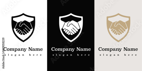 Logo design with safe, protection shield, shaking hands. Logotype for lawyers, security, guard, consulting company, insurance, jurist firm, law agency. 