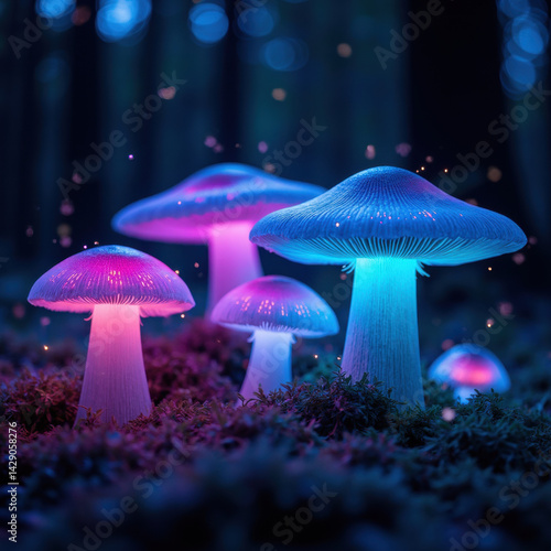 Obraz na płótnie Glowing mushrooms in mystical forest create magical atmosphere with vibrant colors and enchanting lights w salonie