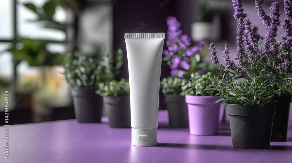 Blank White Cosmetic Tube Mockup with Lavender Plants on Purple Table