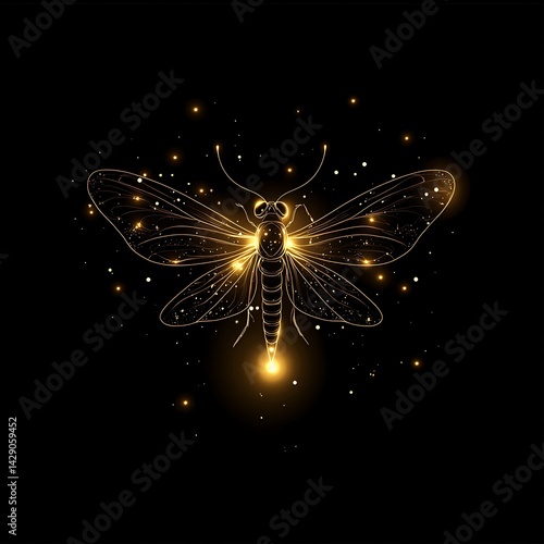 Golden firefly, outlined in glowing light.
