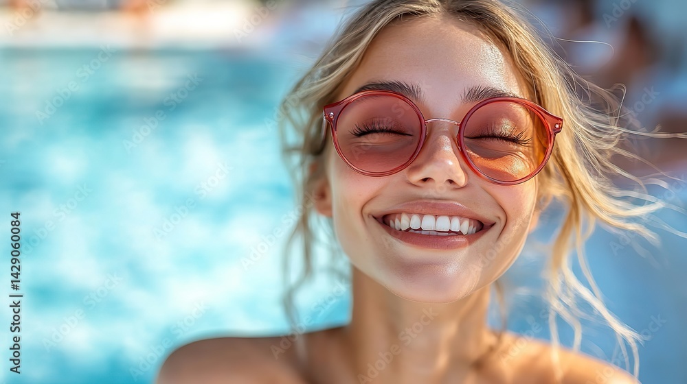 Laughing joyfully in red sunglasses, a young blond woman embraces the carefree spirit of summer holidays under a bright blue sky. Laughing joyfully in red sunglasses, a young blond woman embraces the carefree spirit of summer holidays under a bright blue sky.